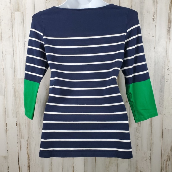 5/$25 Tommy Hilfiger Womens Knit Top S Blue White Stripes Green Sleeves K2 - Picture 4 of 5